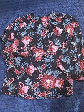 LOFT Black Floral Long-Sleeve Blouse with Pink and Blue Flowers